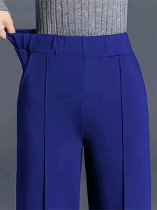 Women's dark blue high waist straight leg trousers with elastic waistband and seam detail