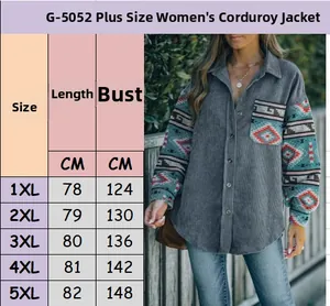 Detailed size chart for plus size corduroy jacket G-5052 with Aztec pattern printing