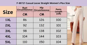 Size chart for women's plus size knit wide leg trousers ranging from 1XL to 5XL
