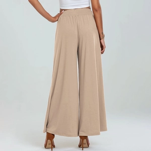 Rear view detail of high-waisted khaki wide-leg pants with elastic waistband fit