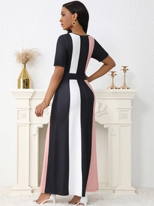Elegant slim fit color block maxi dress with vertical black, white and pink stripes