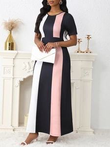 Elegant slim fit color block maxi dress with vertical black white and pink panels