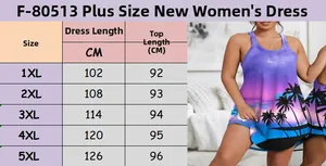 Size chart detail for plus size 3D tropical print sleeveless mini dress 1XL to 5XL