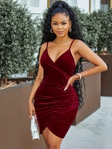 Elegant wine red velvet slip dress with deep V-neck and ruched bodycon design for women