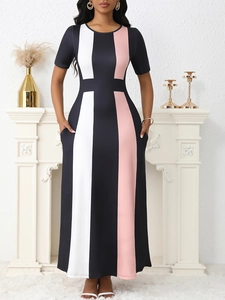 Women Elegant Color Block Maxi Dress Short Sleeve Round Neck Striped Splicing Slim Fit Long Dress With Pockets Party Gown