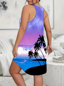 Women's sexy 3D tropical beach print mini dress with sunset palm tree pattern