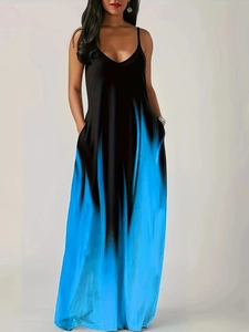 Robe Longue Grande Taille Femme Col en V Dégradé Ombre Décontracté Ample Sans Manches à Bretelles Avec Poches Fête Vacances