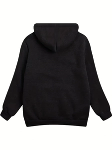 Back view of a black hooded sweatshirt with ribbed cuffs and fleece-like texture