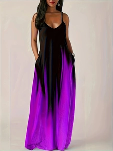 Robe maxi longue élégante avec dégradé violet, fines bretelles et poches latérales