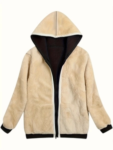 Detailed view of plush hooded jacket with contrast black trim and zipper closure