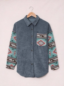 Women's plus size corduroy jacket with long sleeves and Aztec geometric print patterns
