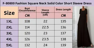 Size chart for plus size square neck solid color maxi dress with detailed measurements