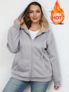 Women's warm gray zip-up hoodie with beige fleece lining and drawstring hood
