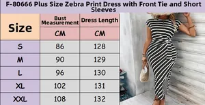 Size chart for zebra print maxi dress with tie-waist detail showing S to XXL measurements