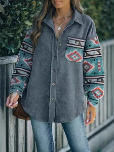 Women's plus size grey corduroy jacket with ethnic geometric print on sleeves and pocket