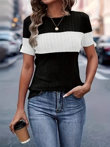 Slim fit women's short sleeve knit T-shirt with black and white color block design