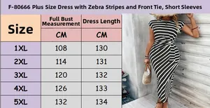 Size chart for zebra print plus size maxi dress showing bust and length measurements