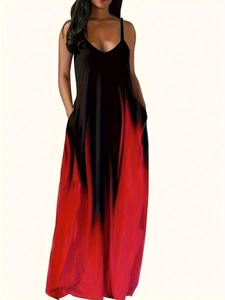 Robe longue femme col en V avec dégradé noir et rouge, fines bretelles et poches latérales
