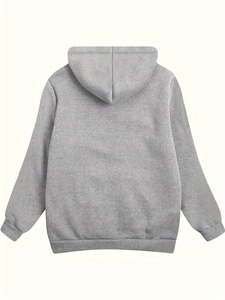 Back view of light grey heathered hoodie showing dropped shoulders and ribbed cuffs