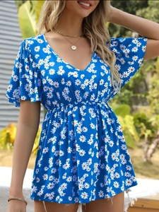 Women Summer Floral V-Neck Top Daisy Print Smocked Waist Flutter Sleeve Casual Short Sleeve Blouse Fashion Sweet Top