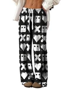 Women Casual Graffiti Print Wide Leg Pants Elastic Waist Drawstring Heart Pattern Streetwear Loose Lounge Trousers Lightweight