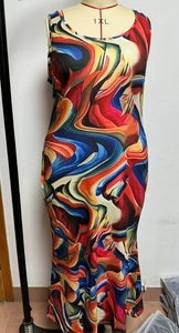 Detail of plus size maxi dress featuring vibrant abstract swirl patterns and 1XL size tag