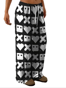 Women's casual loose wide-leg pants in black with white geometric prints and drawstring