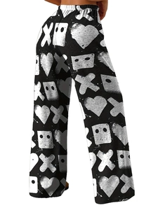 Women's loose wide-leg pants with black and white graffiti print and elastic waist