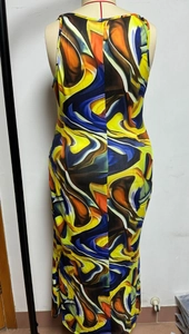 Detail of the abstract wave pattern on this slim-fit sleeveless printed maxi dress