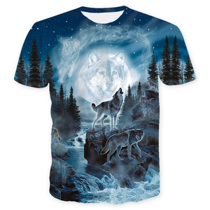 Short sleeve crew neck T-shirt featuring a full 3D moonlit wolf pack landscape print