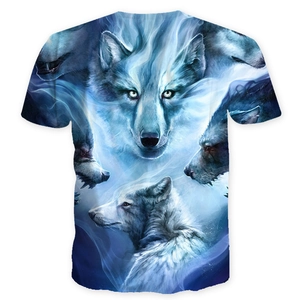 Men's summer 3D wolf print T-shirt with cool blue mist and crew neck short sleeves
