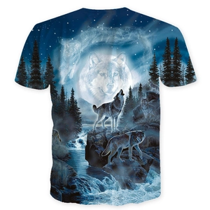Men's blue and white wolf graphic t-shirt with full moon and forest landscape print