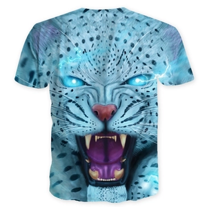 Men's 3D digital print T-shirt with a roaring snow leopard and blue lightning patterns