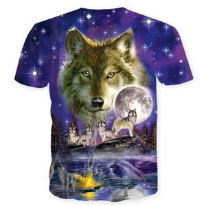 Short sleeve crew neck T-shirt with 3D wolf pack print under full moon and starry sky