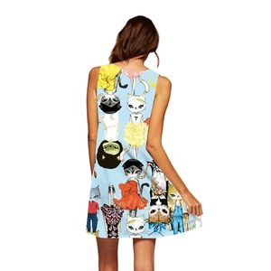 Retro light blue A-line dress with fashion cat illustration print and sleeveless cut
