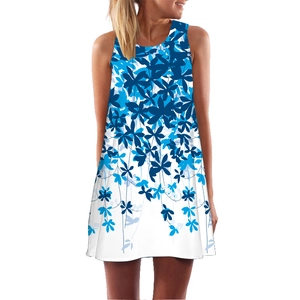 Abito estivo linea A senza maniche da donna con stampa floreale blu su fondo bianco