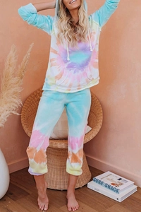 Close-up of macaron tie-dye hooded loungewear set with soft cotton fabric texture