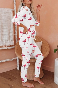 Detail of flamingo print pajama set with adjustable drawstring hoodie and jogger cuffs