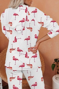 Rear view of women's loungewear set featuring a pink flamingo print with hoodie and pants