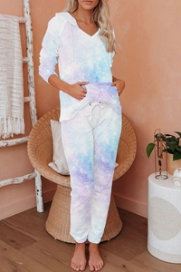 Detail of blue and purple galaxy tie-dye print lounge set with hood and drawstrings