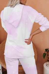 Detail of lavender tie-dye loungewear set featuring a hooded sweatshirt and matching joggers