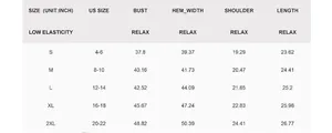 Detailed size guide table for women's short sleeve T-shirt from size S to 2XL in inches