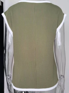 Rear view of an olive green knit vest featuring white ribbed contrast edges and texture