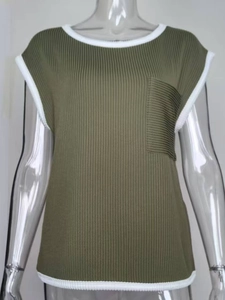 Detail of olive green ribbed knit top featuring white contrast trim and front pocket