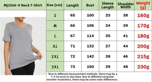Detailed size chart for V-neck short sleeve T-shirt with measurement guide from S to 3XL