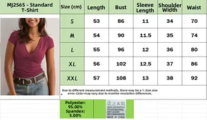 Detailed size chart for women's slim fit V-neck T-shirt with fabric blend specifications