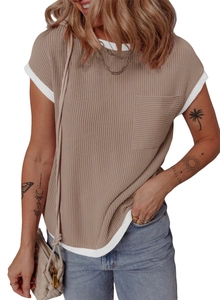 Close-up of khaki ribbed knit t-shirt with white contrast trim and front pocket