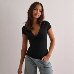 Slim fit black short sleeve T-shirt with deep V-neck and wrap front design for women