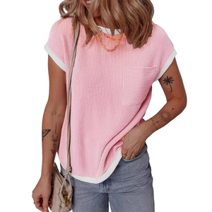Pink short sleeve rib-knit t-shirt with white contrast trim and chest pocket detail