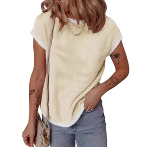 Women's light yellow ribbed knit T-shirt with contrast white trim and chest pocket